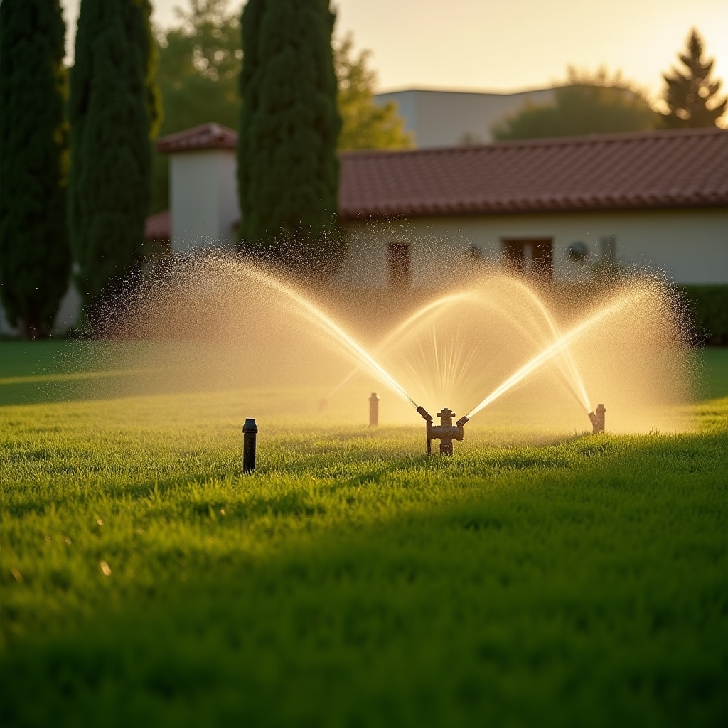 Irrigatori a pioggia in funzione su un prato verde
