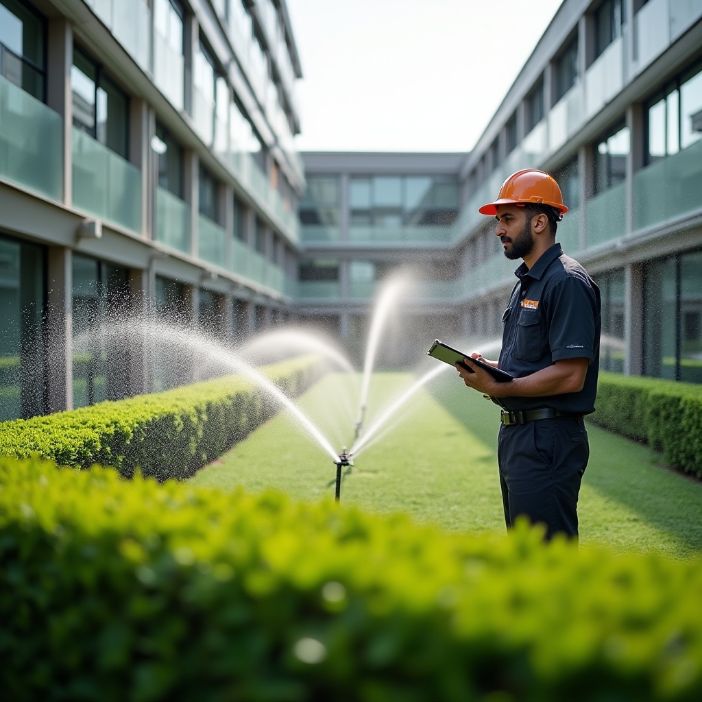 Spazio verde commerciale con irrigatori a pioggia installati