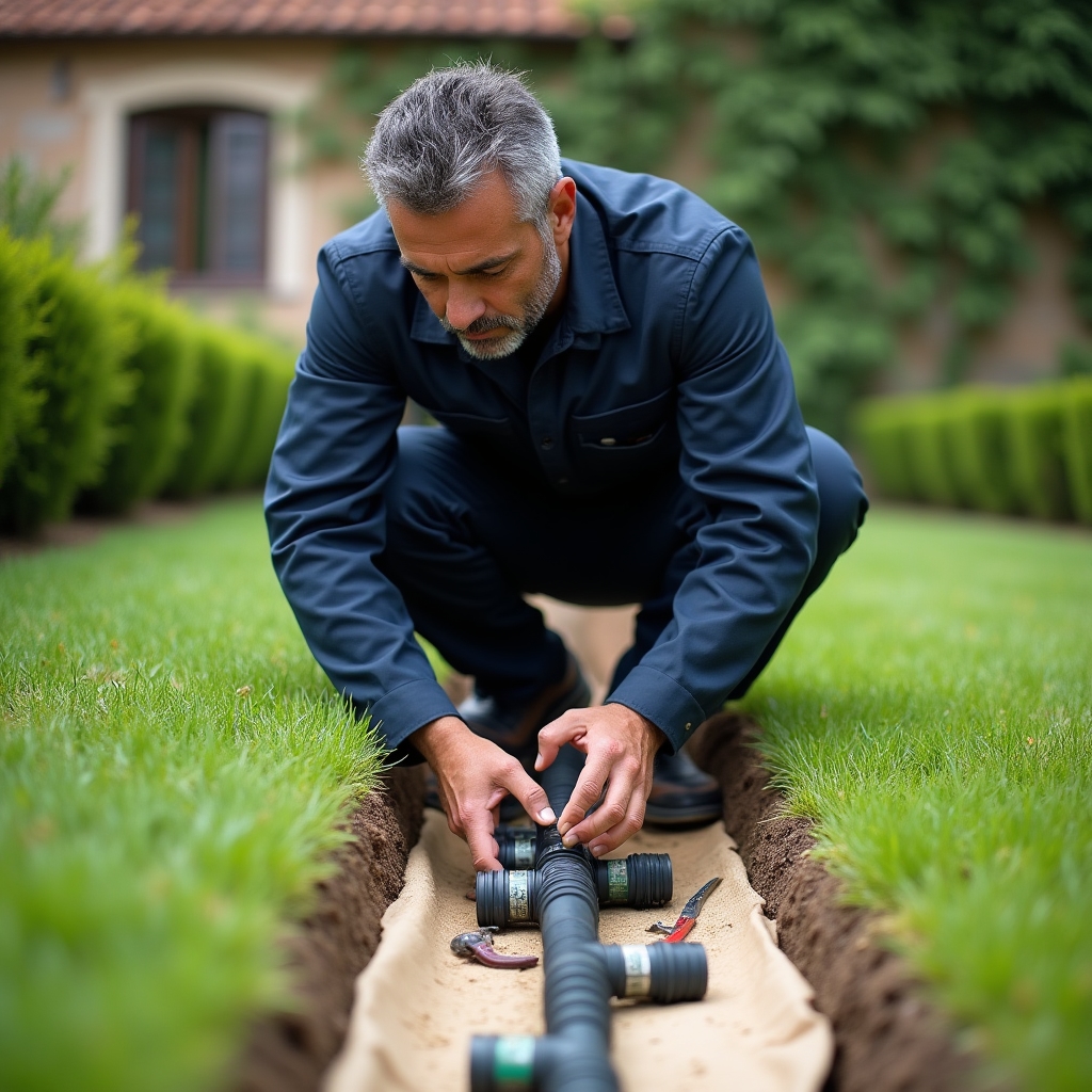 Tecnico Runtavos durante l'installazione di un sistema di irrigazione